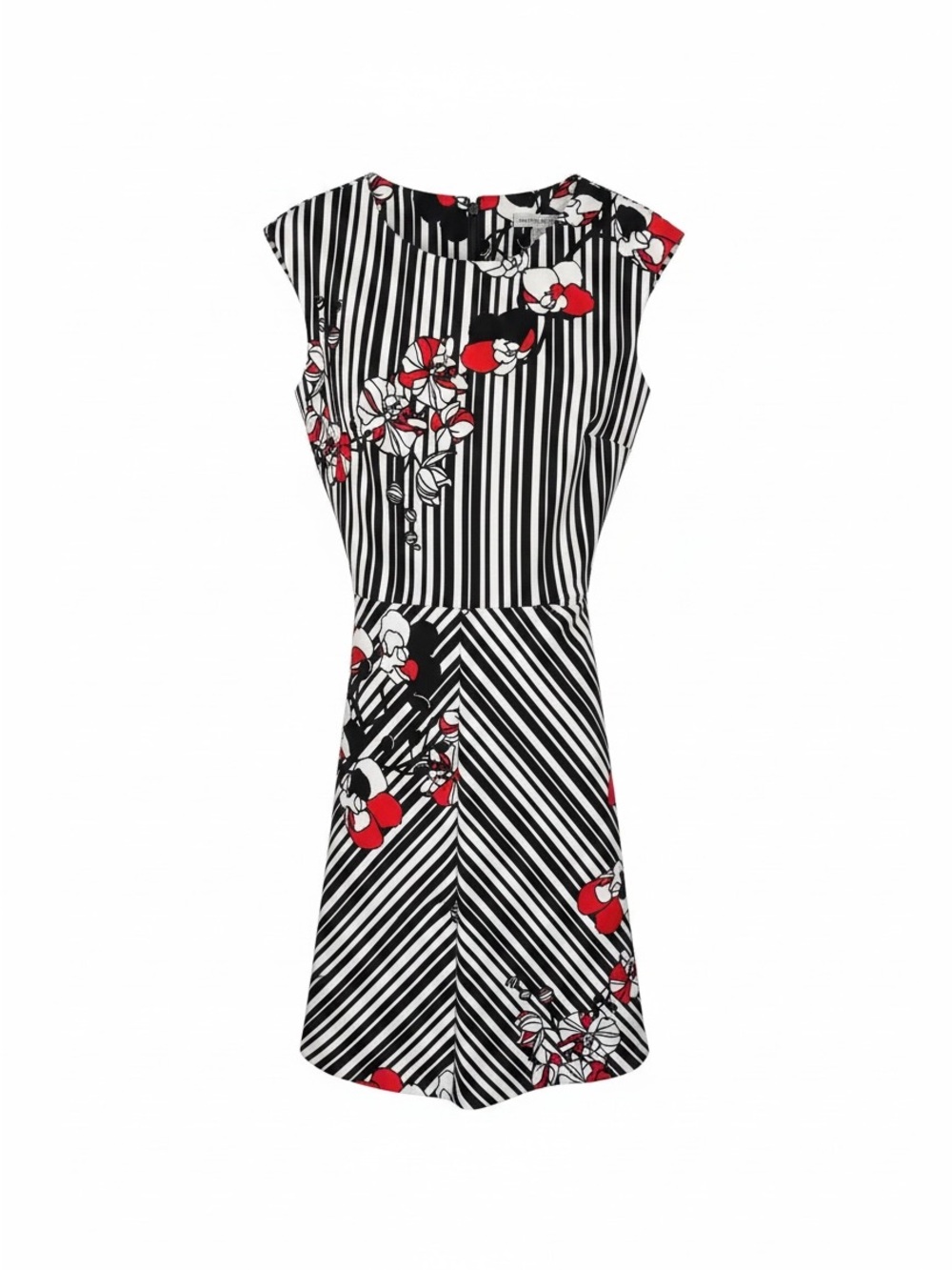 Sandra Darren Black & White Striped Mini Dress with Red Floral Accents